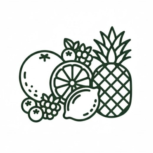 Icon of fruits including a pineapple, orange, lemon, blueberries, and grapes