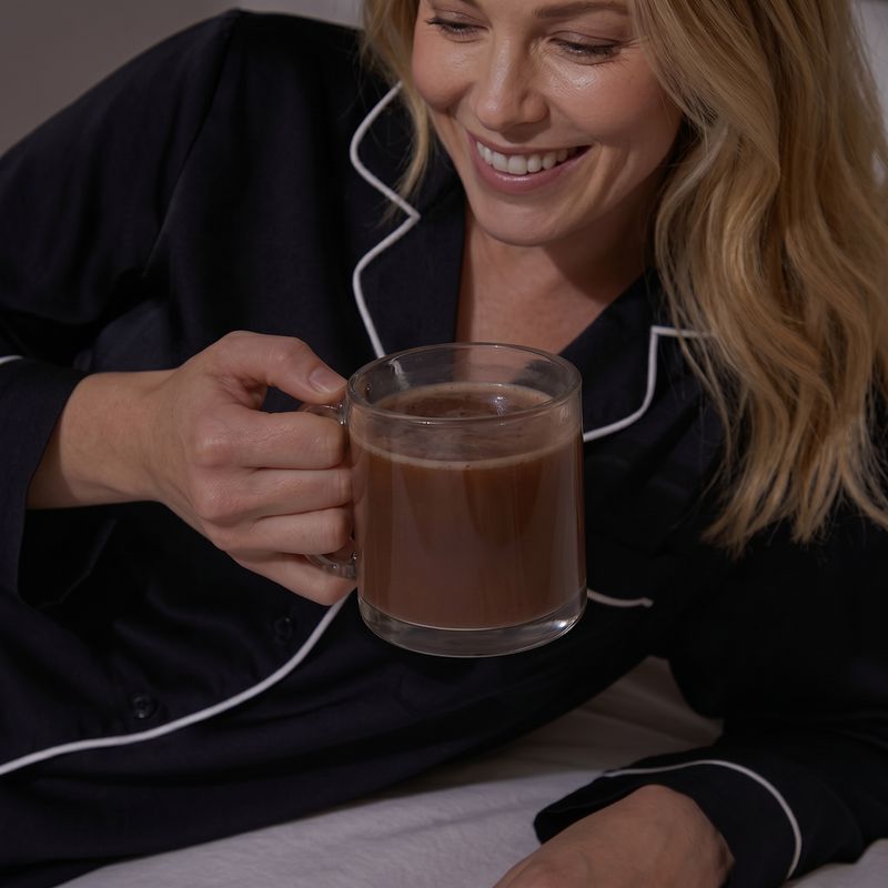 woman in pajamas drinking ground electrolytes for sleep from a glass mug